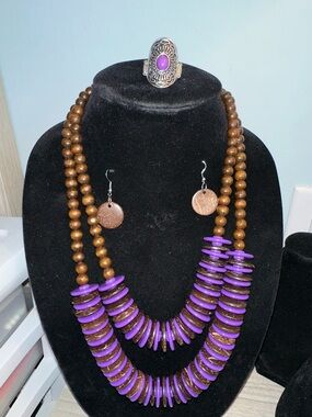 Purple and Brown Layered Bead Necklace Set with Earrings and Ring
